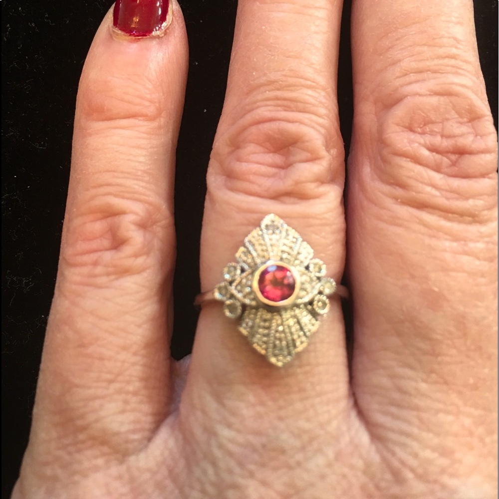 White gold diamonds pink sapphire art deco ring